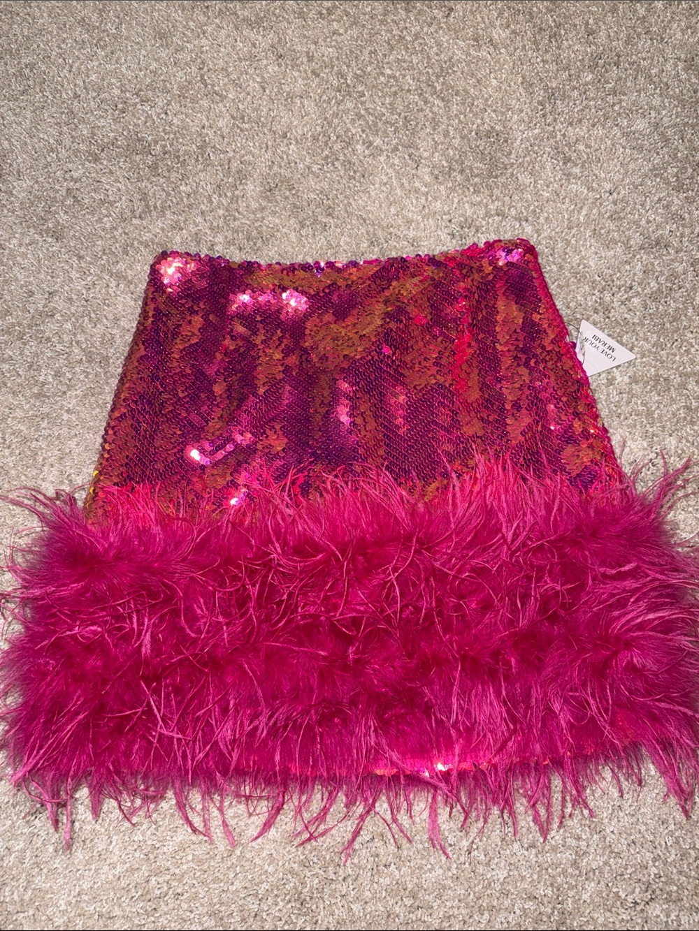 NWT- NADINE MERABI Hot Pink Sequin Mini Skirt with Feather Trim